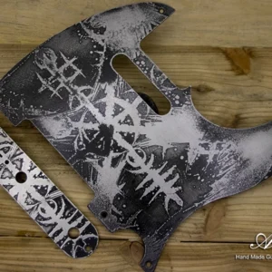 Etched Steel Telecaster Pickguard SET-of-2 w Tele Control Plate - Celtic Viking Wheel Silver-Gray-Black Hand Made