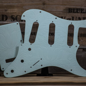 Stratocaster SSS Pickguard & Tremolo Cover SET-of-2 Sonic Blue Engraved Leaves Matte on Wood Light Sonic Blue Strat Pickguard
