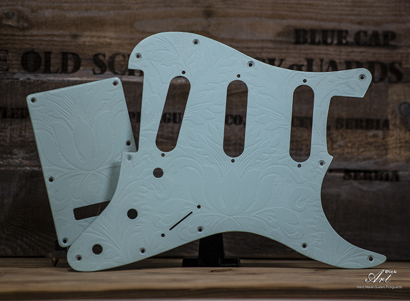 Stratocaster SSS Pickguard & Tremolo Cover SET-of-2 Sonic Blue Engraved Leaves Matte on Wood Light Sonic Blue Strat Pickguard