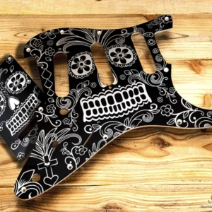 Aluminum Stratocaster SSS Pickguard Black-Silver Sugar Skull SET-of-2 with Tremolo Cover Strat Pickguard 1.5mm