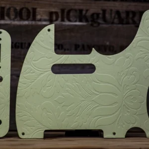 Telecaster Pickguard & Control Plate SET-of-2 – Mint Green Engraved Baroque Leaves on Wood Tele Scratchplate