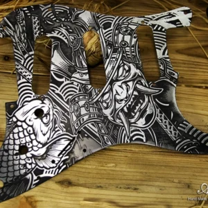 Aluminum Stratocaster SSS Pickguard Koi Fish and Samurai Silver-Black Engraved and Aged Unique Relicuard