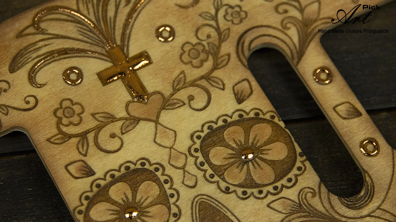 Engraved Telecaster Pickguard & Control Plate Hand Painted - Gilded with Copper Leaves Sugar Skull - Image 6