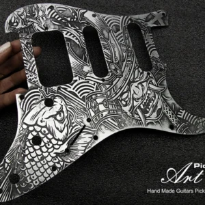 Aluminum Stratocaster HSS Pickguard Koi Fish and Samurai Silver-Black Engraved and Aged Unique Relic
