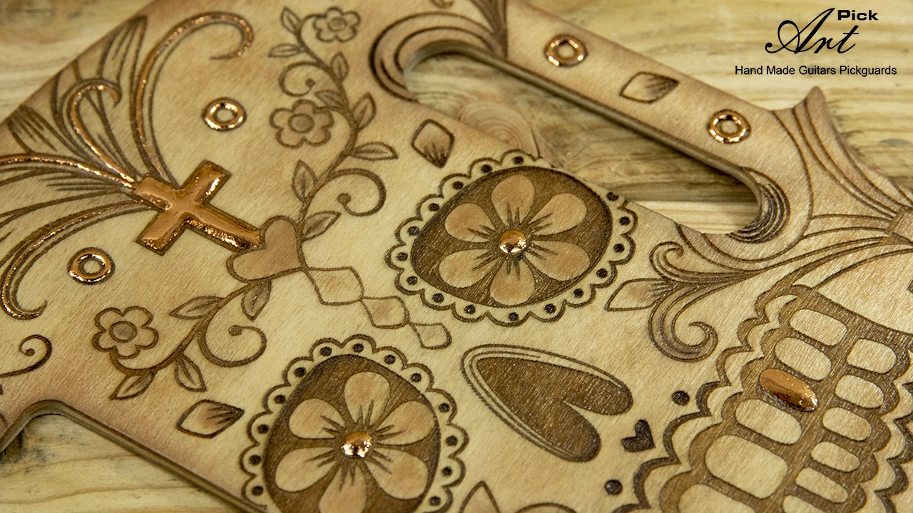 Engraved Telecaster Pickguard & Control Plate Hand Painted - Gilded with Copper Leaves Sugar Skull - Image 8