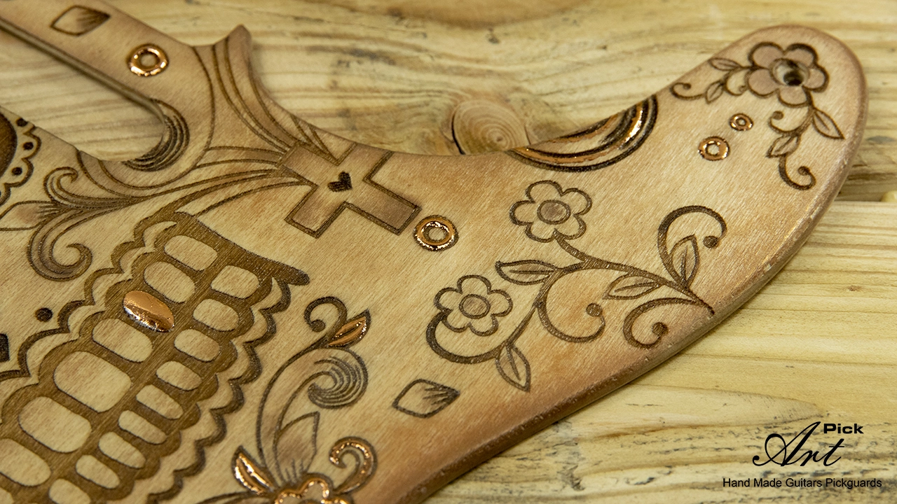 Engraved Telecaster Pickguard & Control Plate Hand Painted - Gilded with Copper Leaves Sugar Skull - Image 7