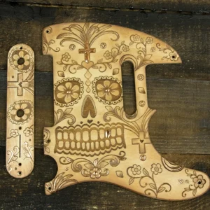 Engraved Telecaster Pickguard & Control Plate Hand Painted - Gilded with Copper Leaves Sugar Skull