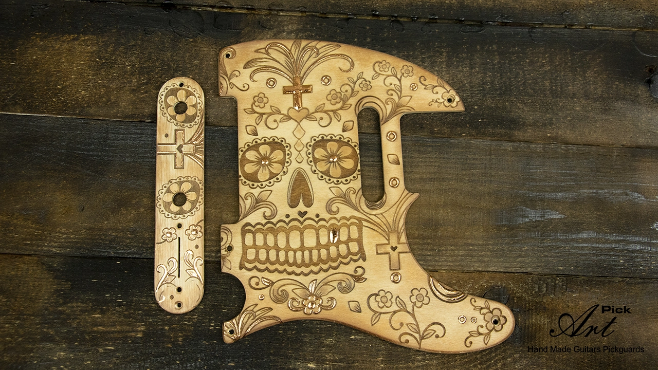 Engraved Telecaster Pickguard & Control Plate Hand Painted - Gilded with Copper Leaves Sugar Skull