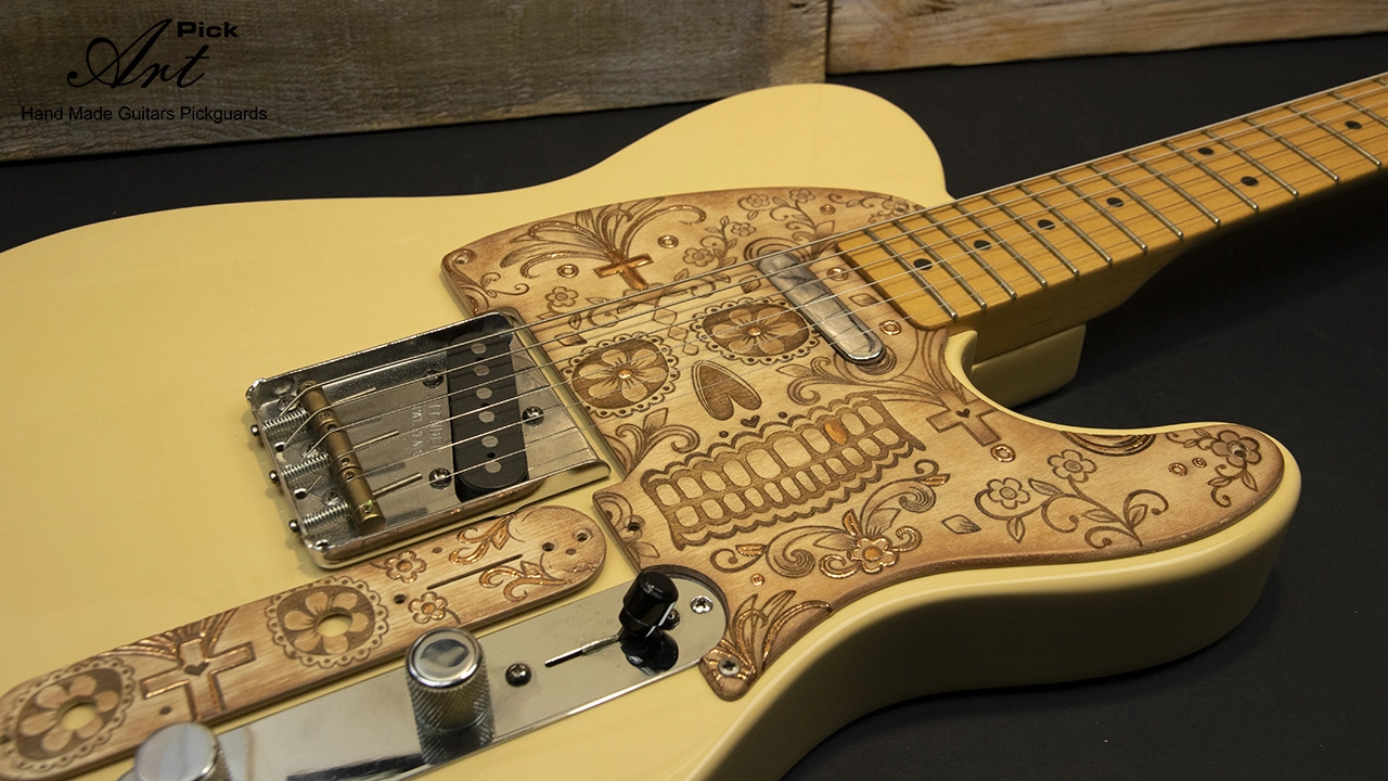 Engraved Telecaster Pickguard & Control Plate Hand Painted - Gilded with Copper Leaves Sugar Skull - Image 2
