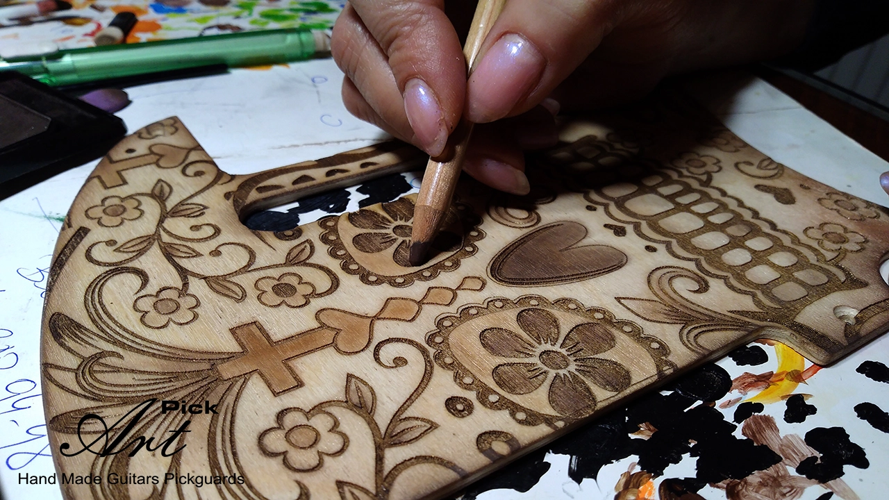 Engraved Telecaster Pickguard & Control Plate Hand Painted - Gilded with Copper Leaves Sugar Skull - Image 3