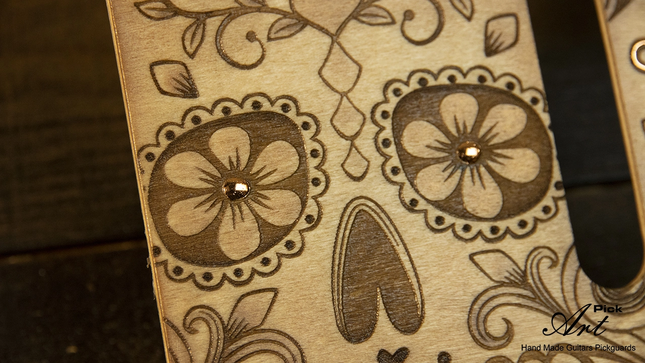 Engraved Telecaster Pickguard & Control Plate Hand Painted - Gilded with Copper Leaves Sugar Skull - Image 5