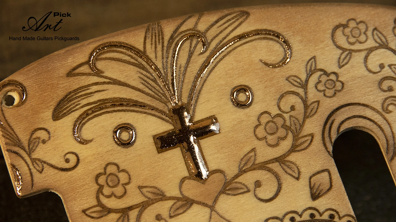Engraved Telecaster Pickguard & Control Plate Hand Painted - Gilded with Copper Leaves Sugar Skull - Image 4