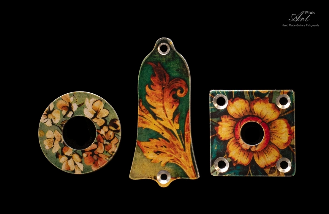 Gibson Les Paul Standard/Studio/Classic LP Pickguard SET-of-4: Vintage Victorian Floral Green-Gold Anodized Aluminum Metal 1.5mm - Image 3