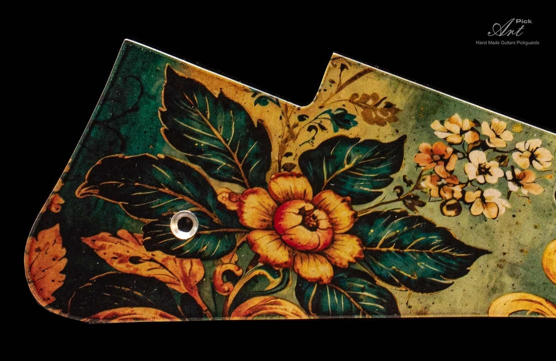 Gibson Les Paul Standard/Studio/Classic LP Pickguard SET-of-4: Vintage Victorian Floral Green-Gold Anodized Aluminum Metal 1.5mm - Image 4
