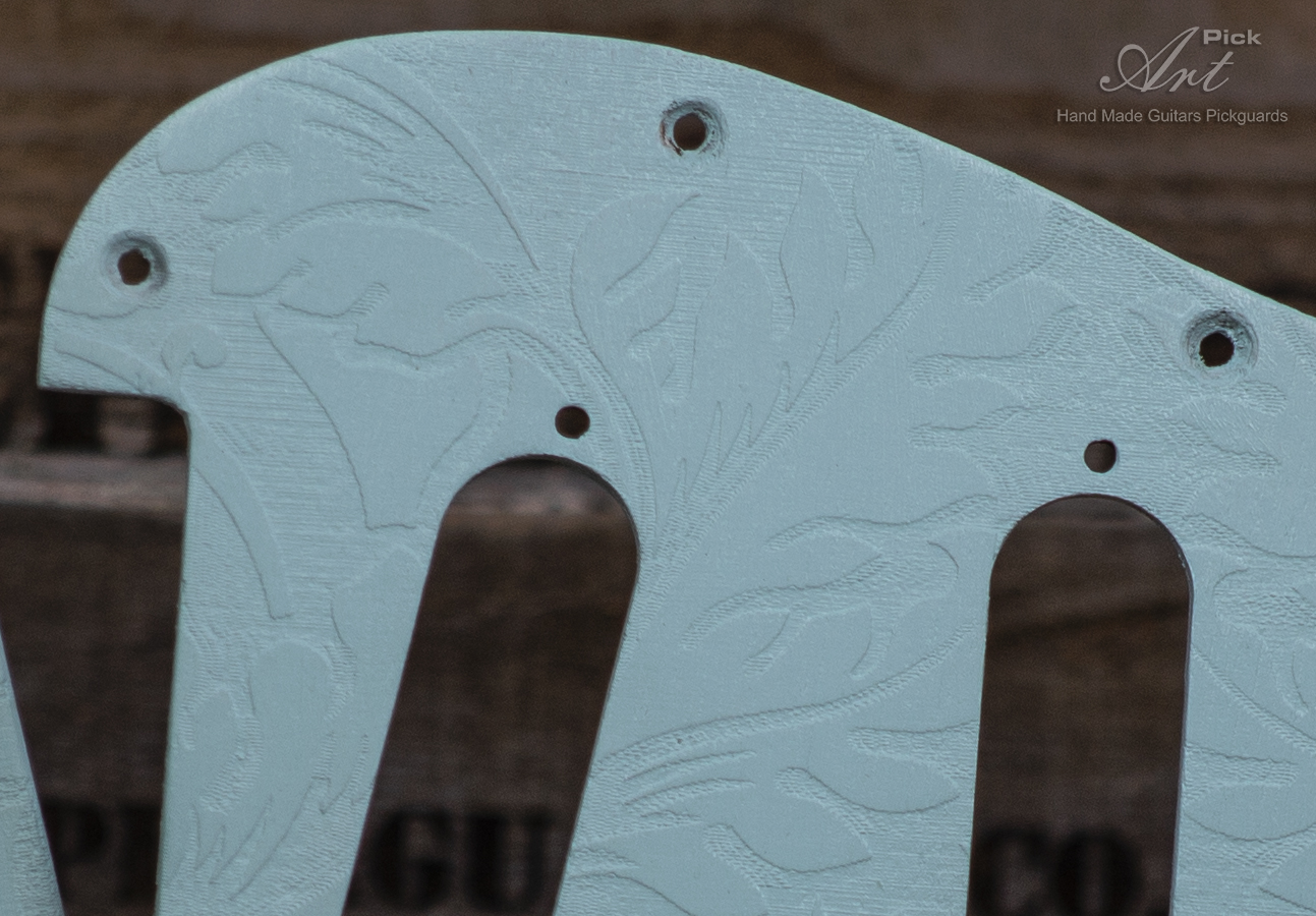 Stratocaster SSS Pickguard & Tremolo Cover SET-of-2 Sonic Blue Engraved Leaves Matte on Wood Light Sonic Blue Strat Pickguard - Image 2