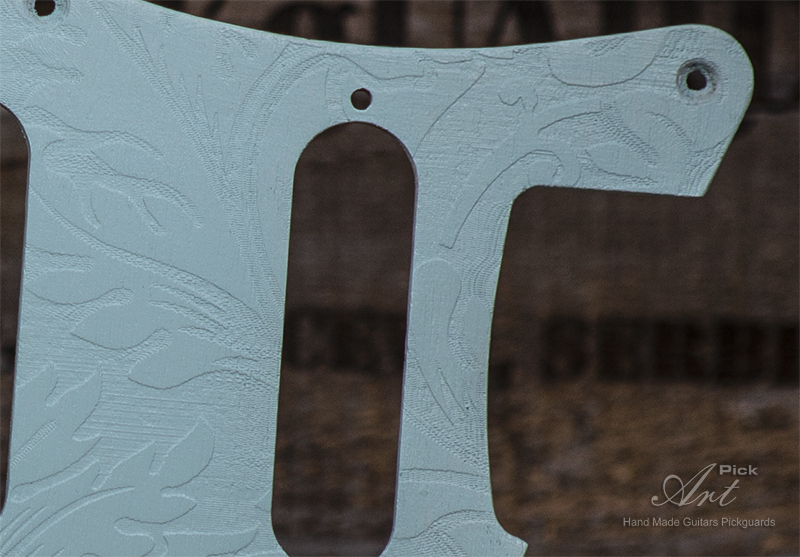 Stratocaster SSS Pickguard & Tremolo Cover SET-of-2 Sonic Blue Engraved Leaves Matte on Wood Light Sonic Blue Strat Pickguard - Image 5