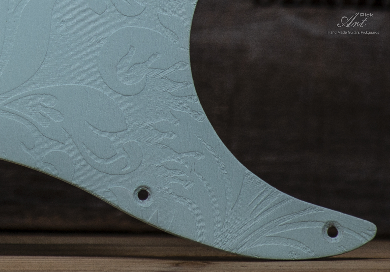 Stratocaster SSS Pickguard & Tremolo Cover SET-of-2 Sonic Blue Engraved Leaves Matte on Wood Light Sonic Blue Strat Pickguard - Image 4