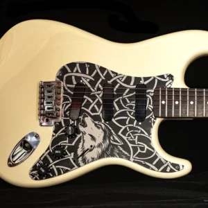Stratocaster SSS Pickguard Howling Wolf Celtic Lightly Aged Relic Silver-Black Engraved Aluminum Metal SSS Unique Metal Strat Pickguard