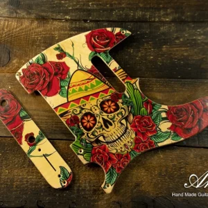 Telecaster Pickguard & Control Plate SET Sugar Skull and Roses on Cream Wood Tele Scratchplate Colorful Calavera