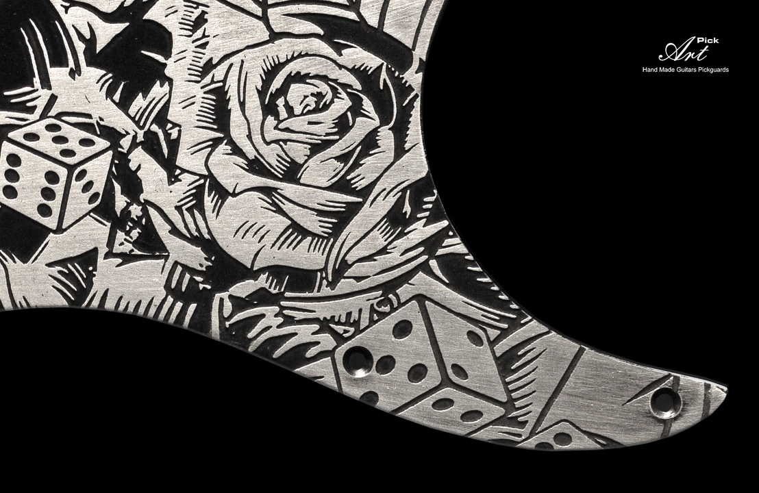 Aluminum Stratocaster SSS Pickguard Silver-Black Tattoo Skull, Roses, Gambling Cards & Dice - Engraved Metal Lightly Aged